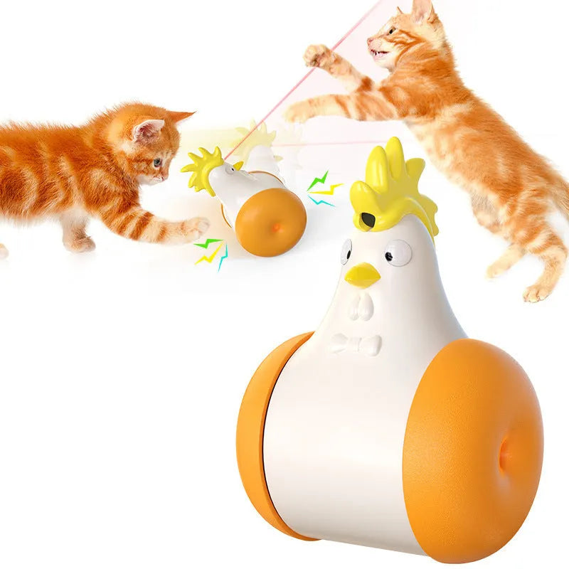 Electric cat toy in orange lake blue, yellow and blue with self-balancing motion and cat-calling sound