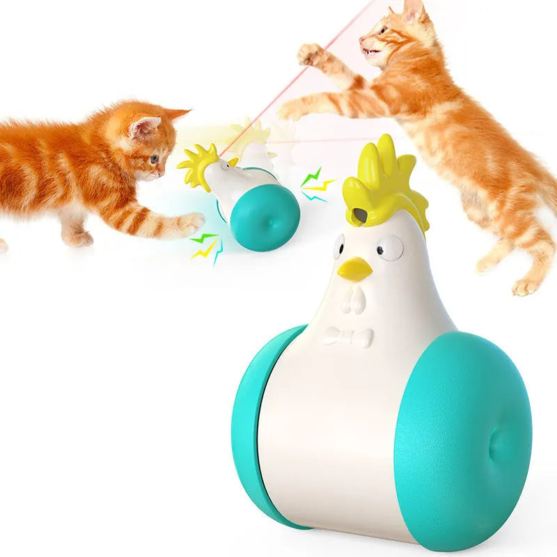 Electric cat toy in orange lake blue, yellow and blue with self-balancing motion and cat-calling sound