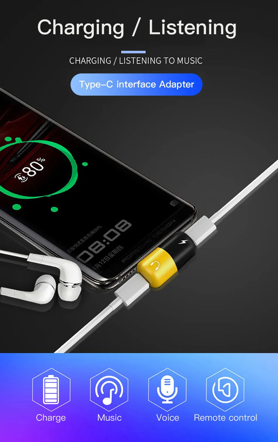 Blue Huawei phone case with integrated micro-USB and 3.5mm headphone jack adapter plug.