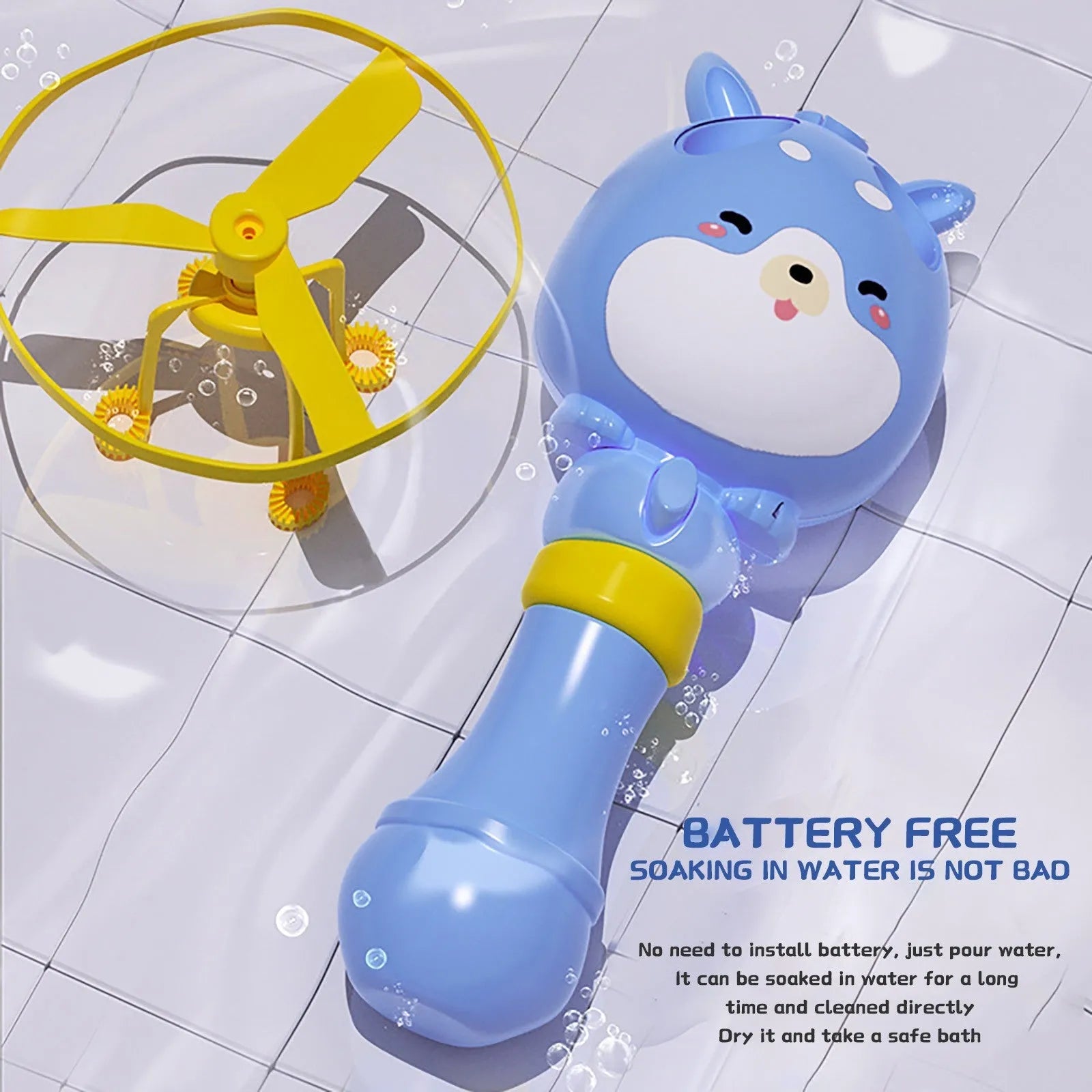Bamboo Dragonfly rotating flying bubble machine in blue, hand-held with music and lights for outdoor play