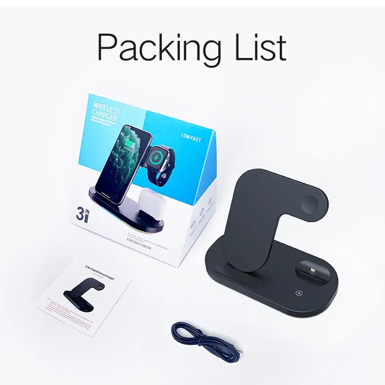 Foldable black 3-in-1 wireless charging station showing iPhone, Apple Watch, and AirPods Pro on charging pads.