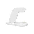 Foldable black 3-in-1 wireless charging station showing iPhone, Apple Watch, and AirPods Pro on charging pads.