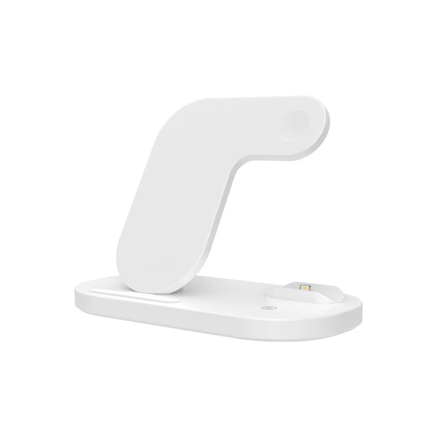 Foldable black 3-in-1 wireless charging station showing iPhone, Apple Watch, and AirPods Pro on charging pads.