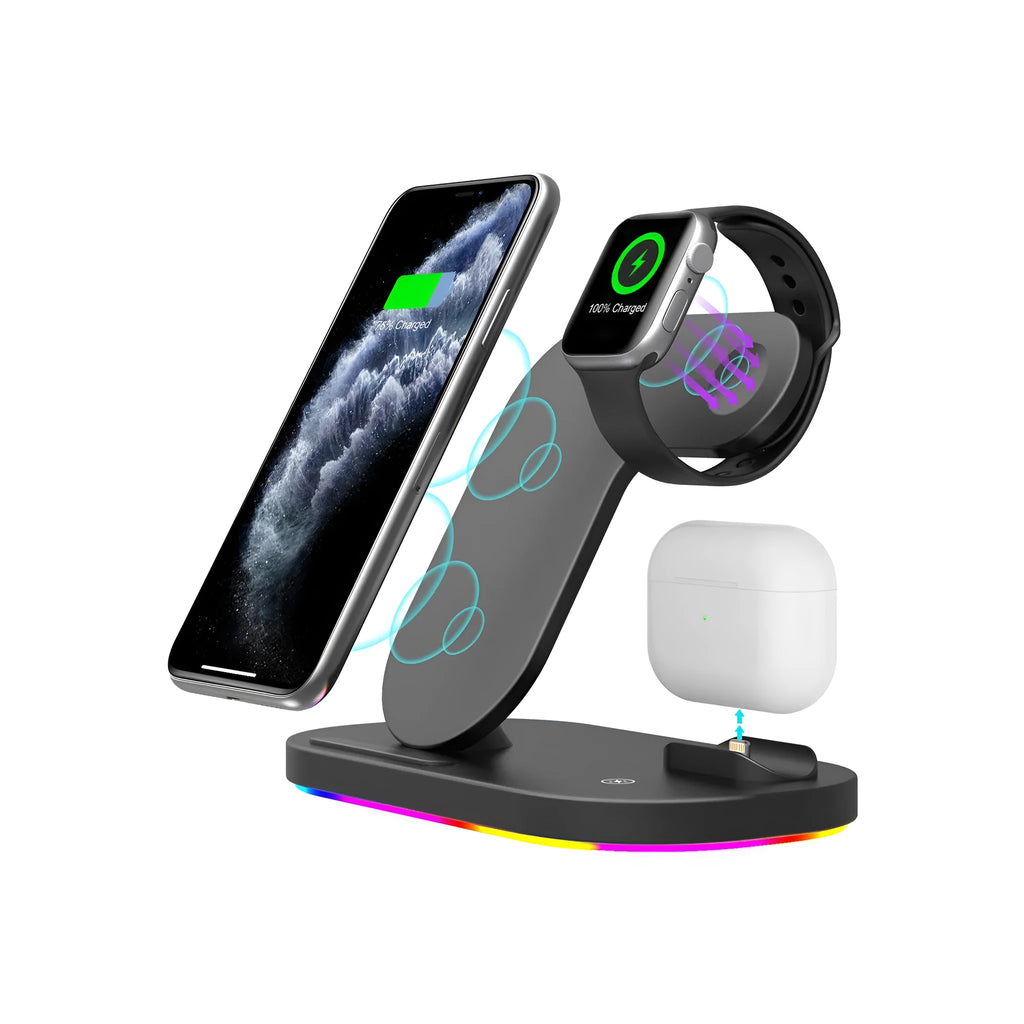 Foldable black 3-in-1 wireless charging station showing iPhone, Apple Watch, and AirPods Pro on charging pads.