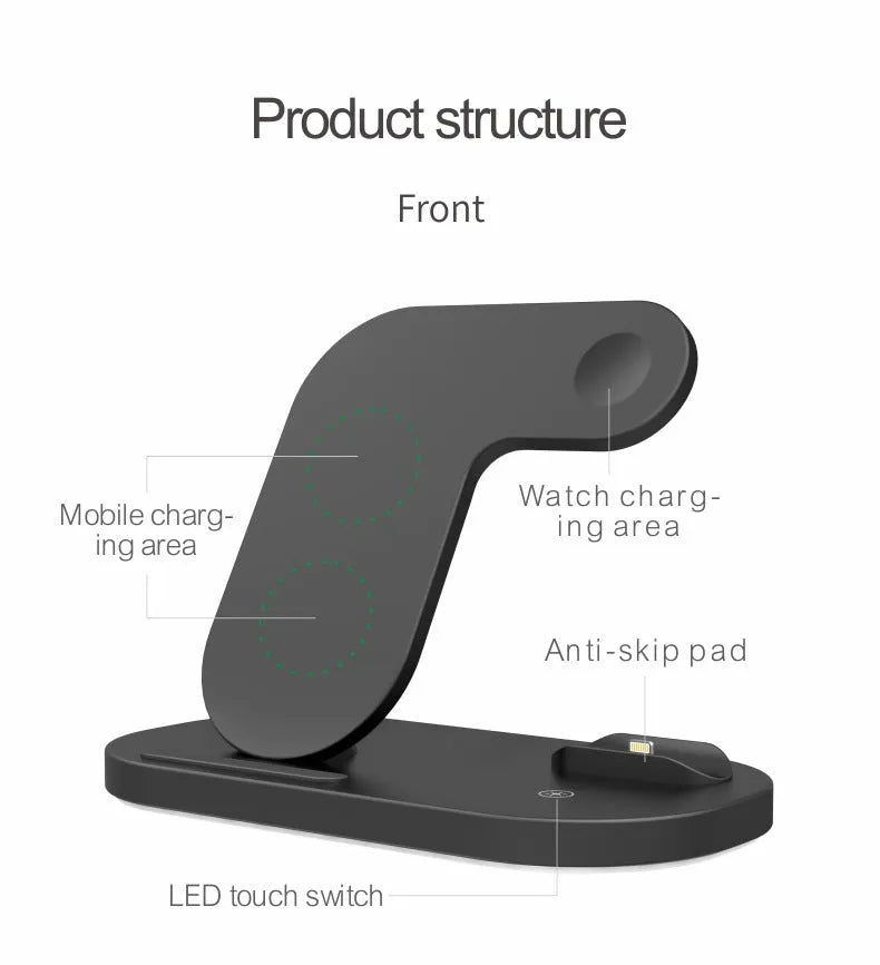 Foldable black 3-in-1 wireless charging station showing iPhone, Apple Watch, and AirPods Pro on charging pads.