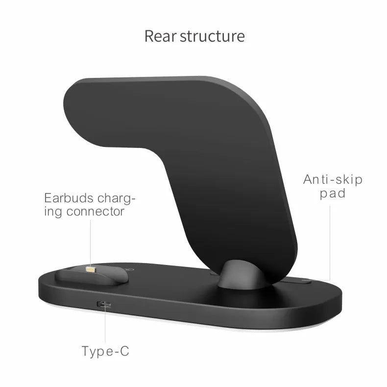 Foldable black 3-in-1 wireless charging station showing iPhone, Apple Watch, and AirPods Pro on charging pads.