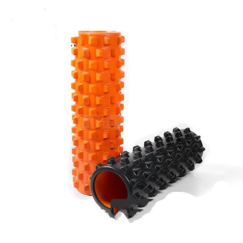 45 cm x 14 cm EVA foam roller for muscle massage and yoga, available in black, pink, blue and purple.