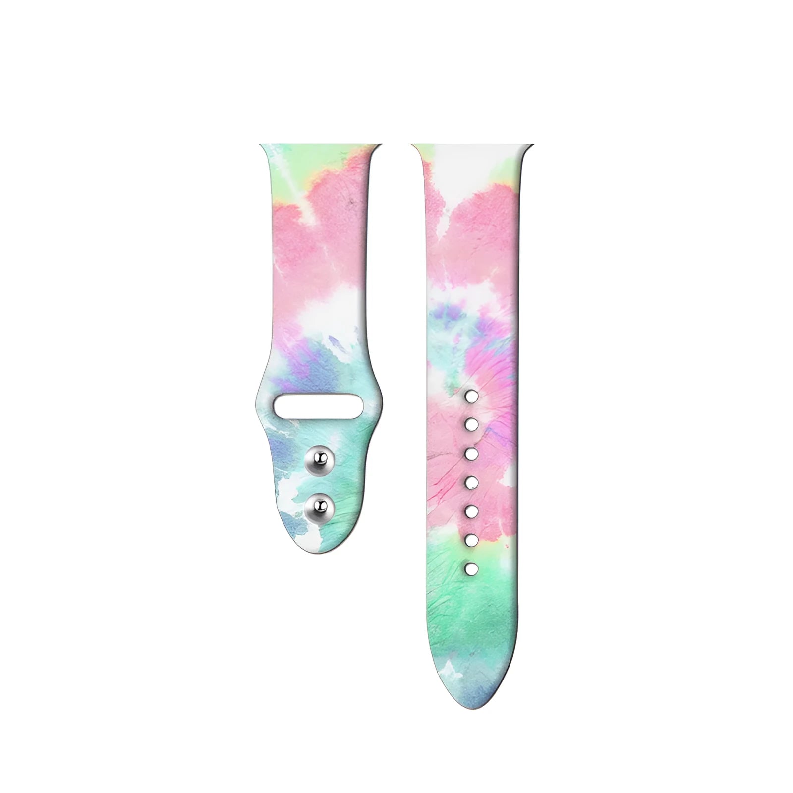 Colourful tie-dye patterned silicone replacement band for Apple Watch on a wrist.