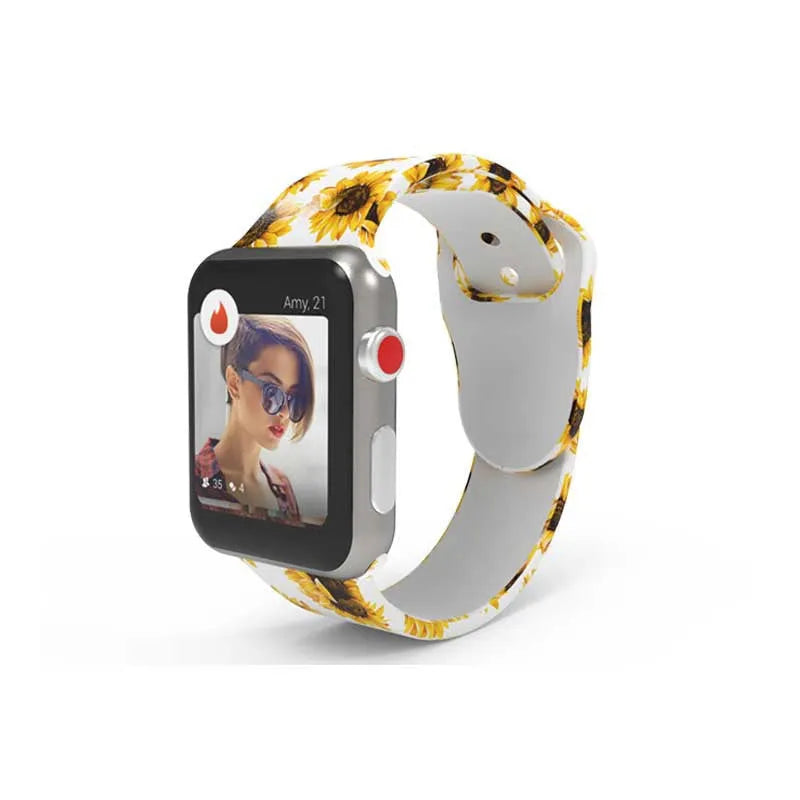 Colourful tie-dye patterned silicone replacement band for Apple Watch on a wrist.