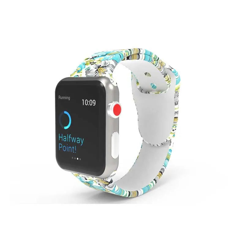 Colourful tie-dye patterned silicone replacement band for Apple Watch on a wrist.