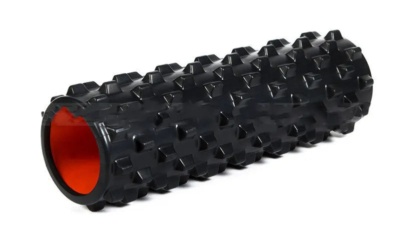 45 cm x 14 cm EVA foam roller for muscle massage and yoga, available in black, pink, blue and purple.