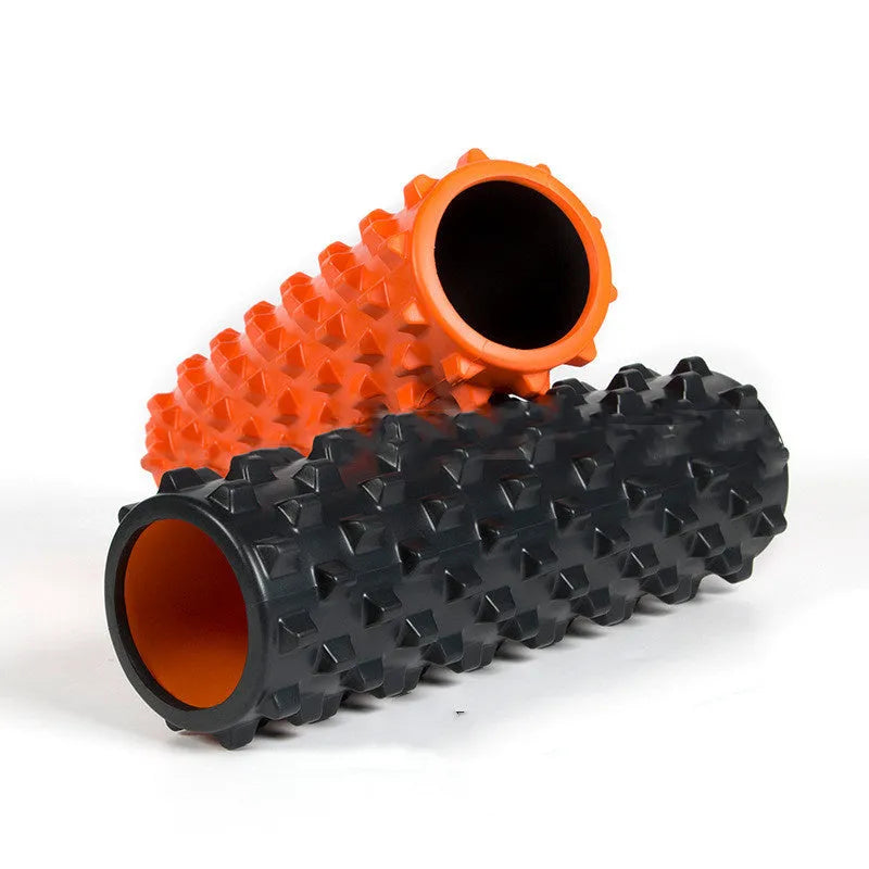 45 cm x 14 cm EVA foam roller for muscle massage and yoga, available in black, pink, blue and purple.