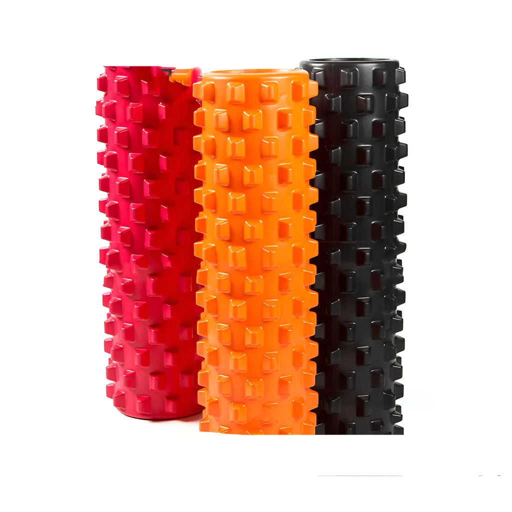 45 cm x 14 cm EVA foam roller for muscle massage and yoga, available in black, pink, blue and purple.