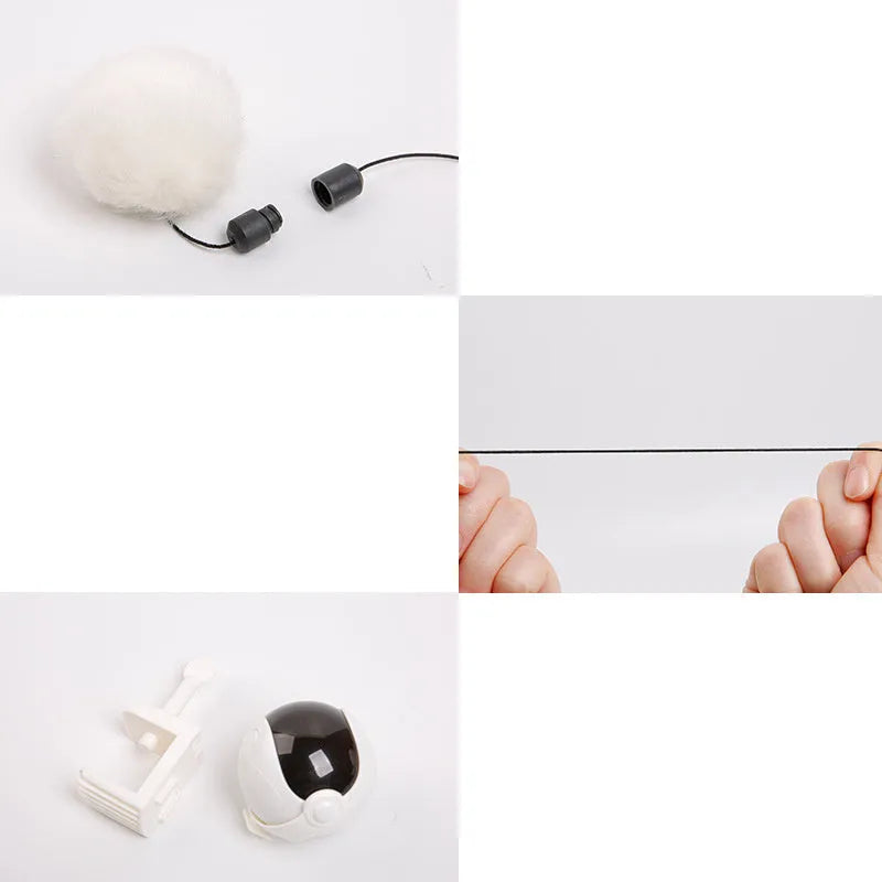 White automatic cat teaser toy with rabbit fur ball attachment, swing up and down motion, ABS electronic components