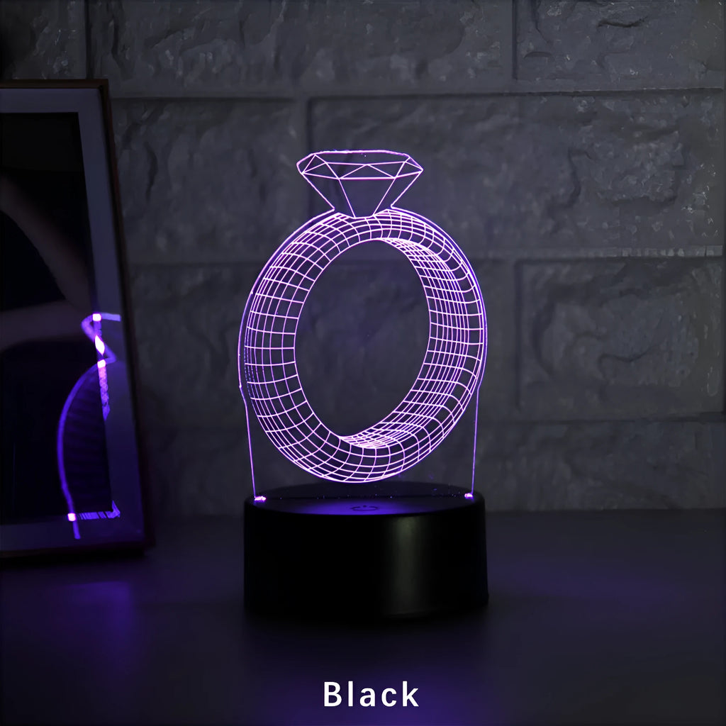 3D LED night light with diamond ring acrylic plate, ABS base, colour changing display