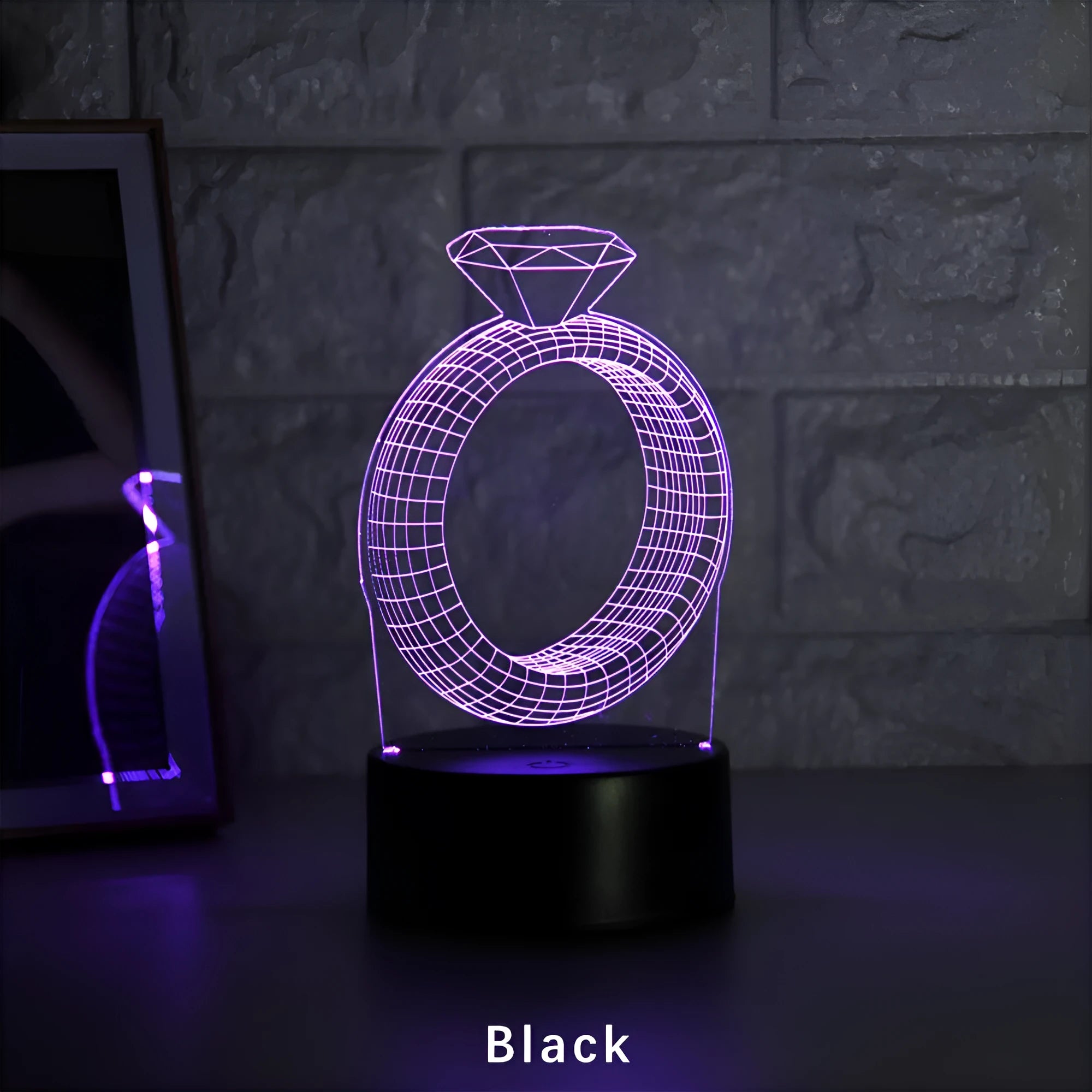 3D LED night light with diamond ring acrylic plate, ABS base, colour changing display
