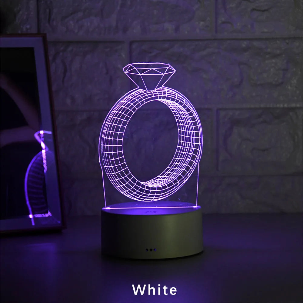 3D LED night light with diamond ring acrylic plate, ABS base, colour changing display