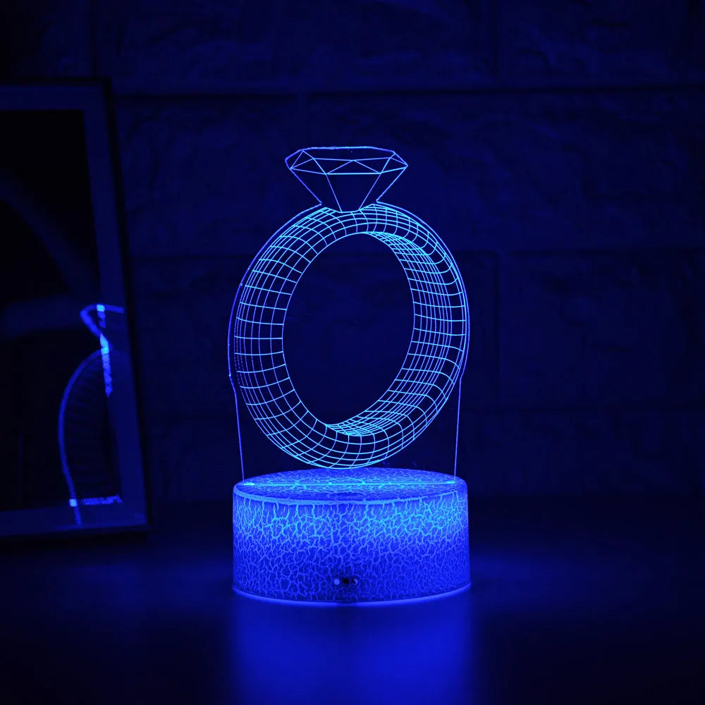 3D LED night light with diamond ring acrylic plate, ABS base, colour changing display