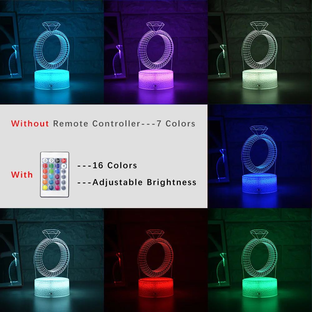 3D LED night light with diamond ring acrylic plate, ABS base, colour changing display