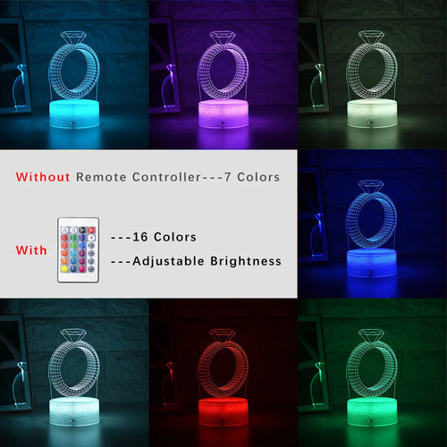 3D LED night light with diamond ring acrylic plate, ABS base, colour changing display