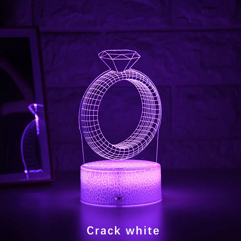 3D LED night light with diamond ring acrylic plate, ABS base, colour changing display
