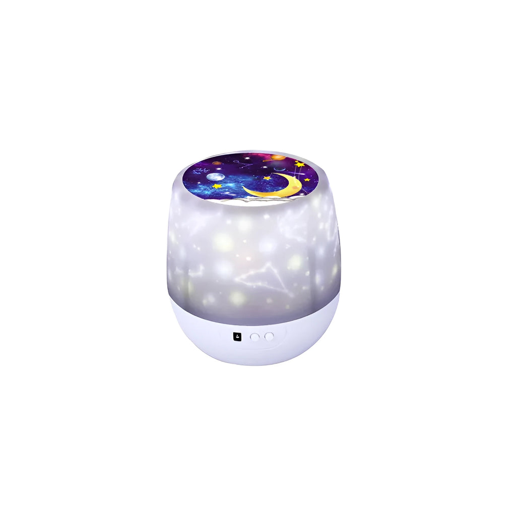 Pruixin rotating star projector night light showing star patterns on a bedroom ceiling.