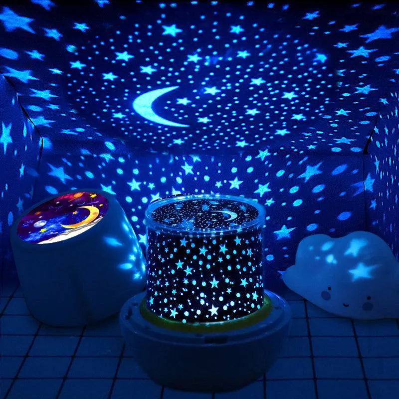 Pruixin rotating star projector night light showing star patterns on a bedroom ceiling.