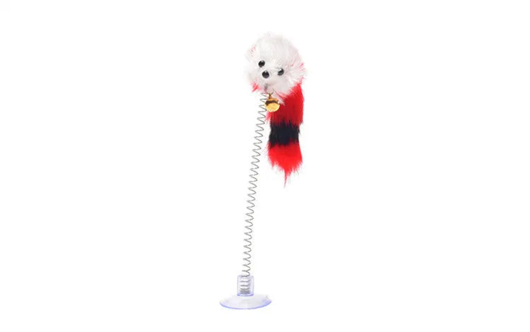 Plastic spring sucker mouse cat toy with feather, 20cm total length and 10cm mouse, random colour, 1PC