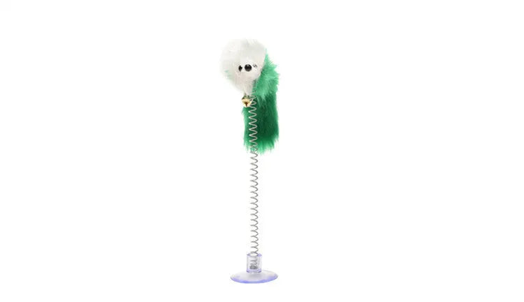 Plastic spring sucker mouse cat toy with feather, 20cm total length and 10cm mouse, random colour, 1PC