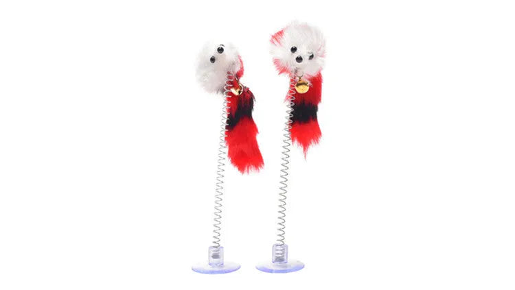 Plastic spring sucker mouse cat toy with feather, 20cm total length and 10cm mouse, random colour, 1PC