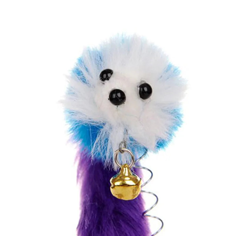 Plastic spring sucker mouse cat toy with feather, 20cm total length and 10cm mouse, random colour, 1PC