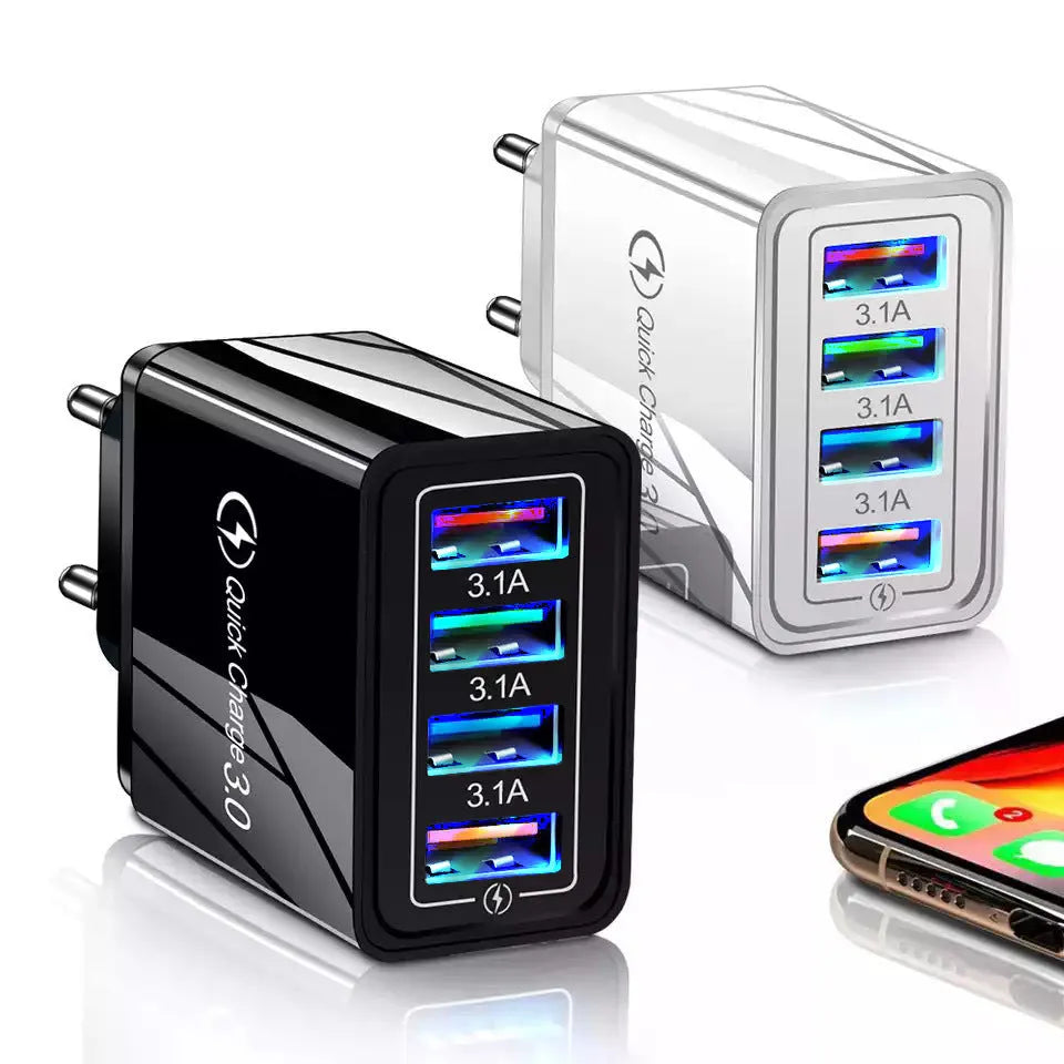 Simple Luminous 4-port USB wall charger with UK plug, shown in multiple colours including dark blue and grey white.