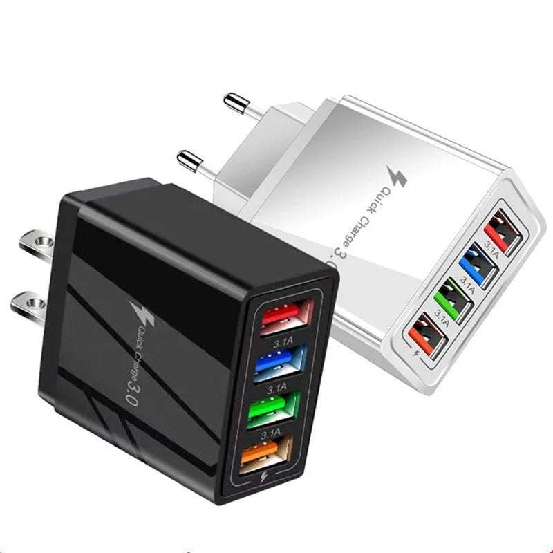 Simple Luminous 4-port USB wall charger with UK plug, shown in multiple colours including dark blue and grey white.