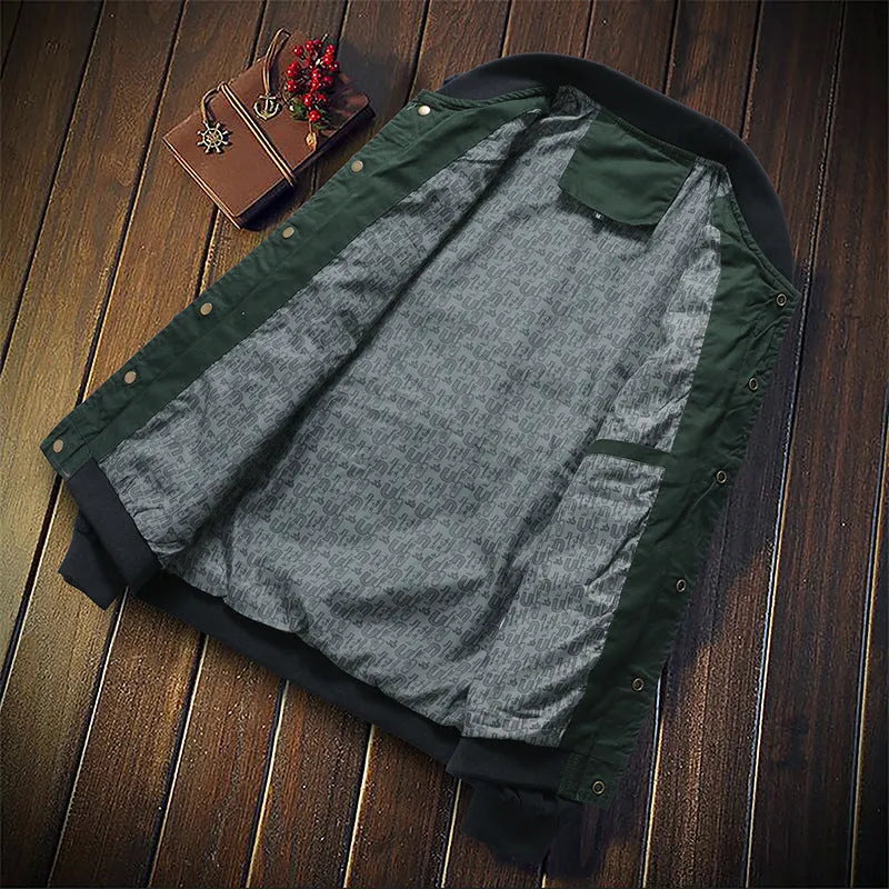 Men's Korean style blue cotton casual jacket with single-breasted collar and colour-matching pattern