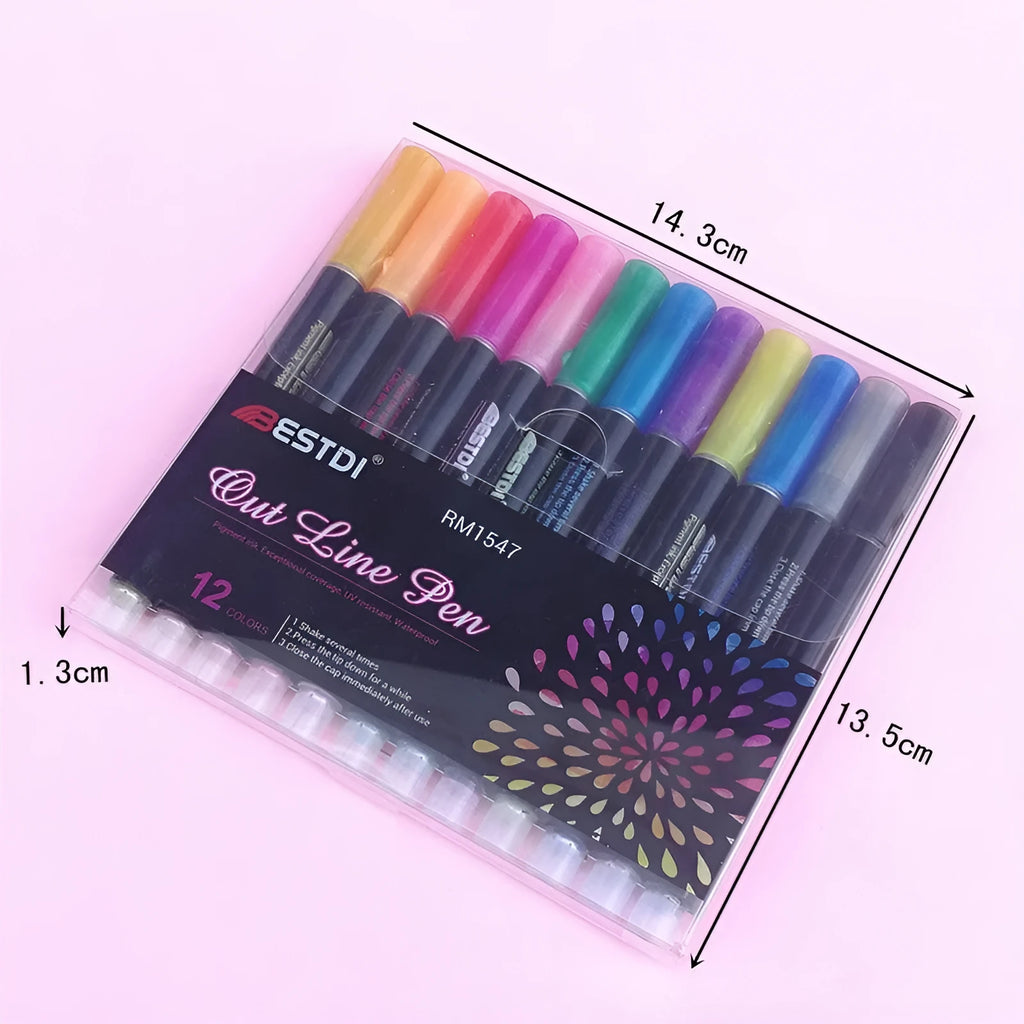 12 colour double line contour pen set for calligraphy drawing and art projects
