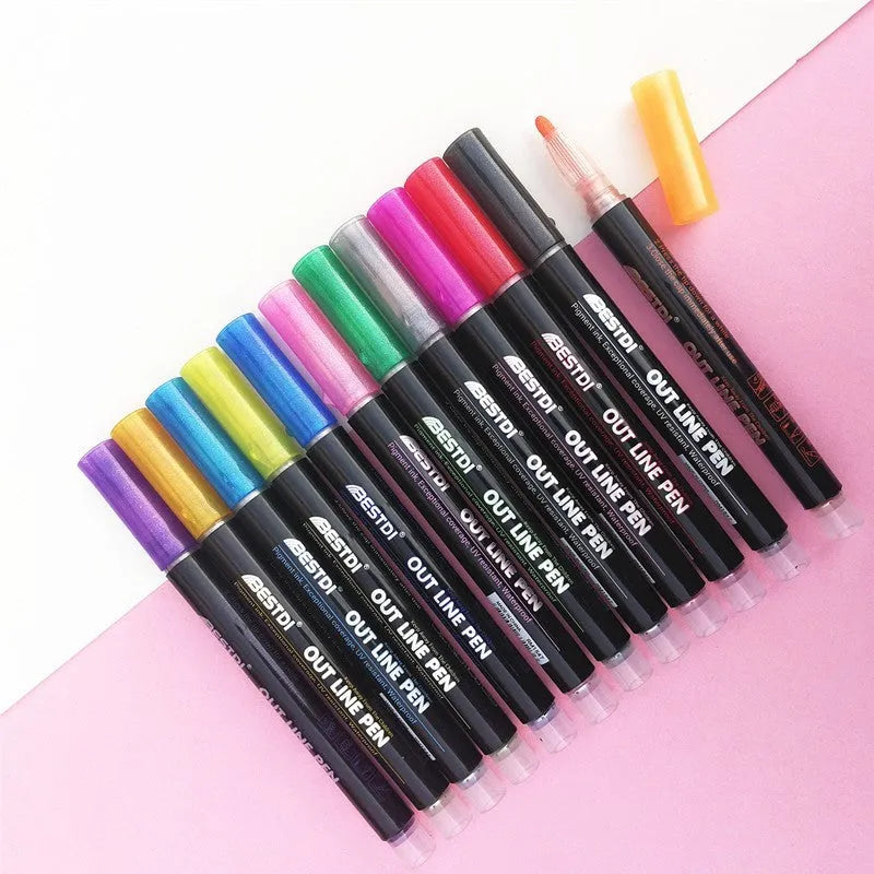 12 colour double line contour pen set for calligraphy drawing and art projects