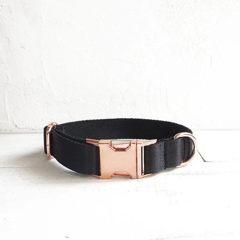 Personalized black polyester dog collar in sizes XS to XL with optional matching rope lead for everyday walks.