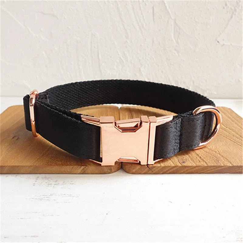 Personalized black polyester dog collar in sizes XS to XL with optional matching rope lead for everyday walks.