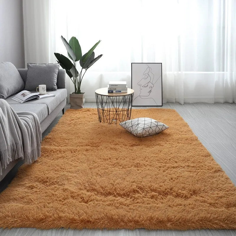 Nordic-style rectangular plush carpet with anti-slip base in beige colour on a wooden floor