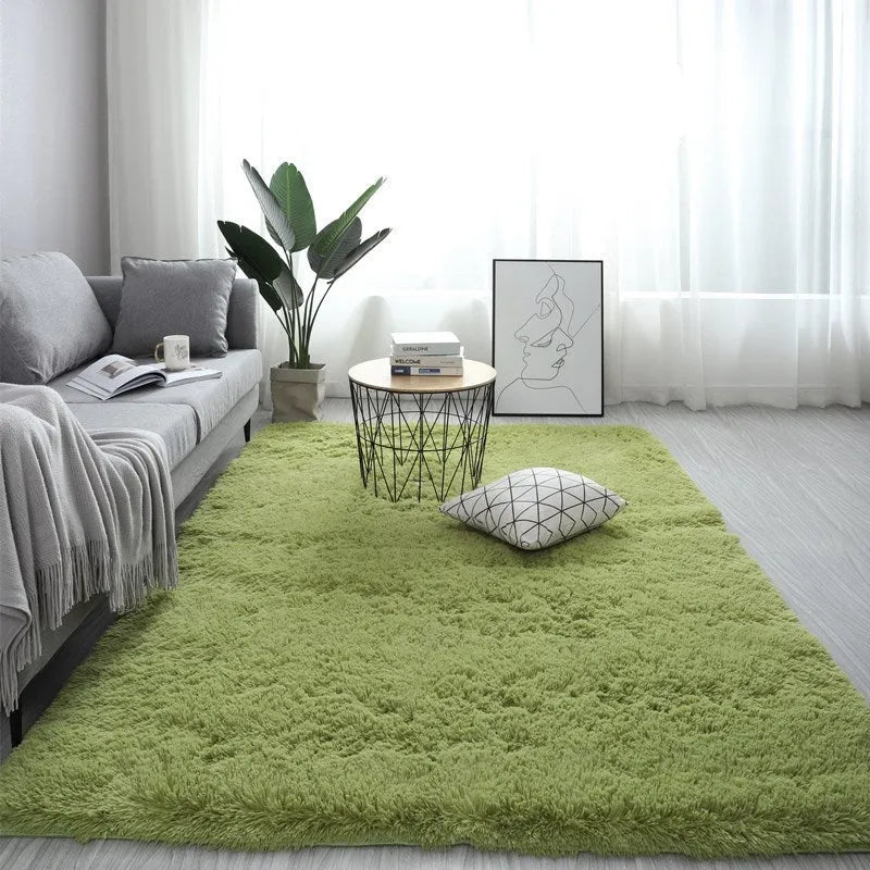 Nordic-style rectangular plush carpet with anti-slip base in beige colour on a wooden floor