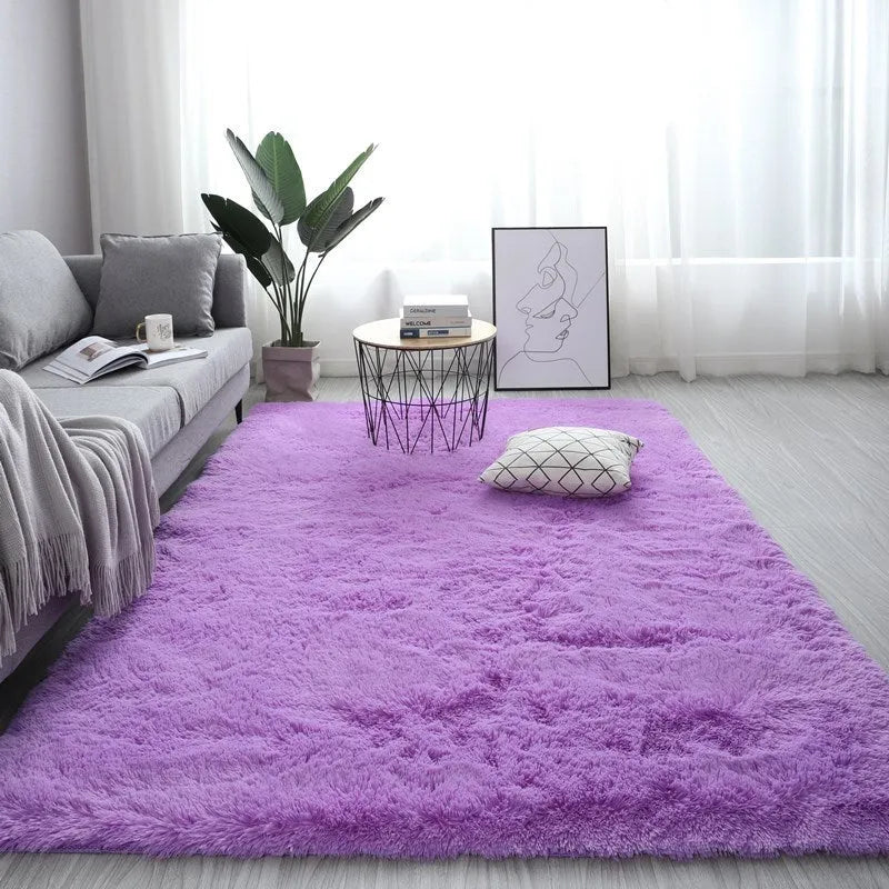 Nordic-style rectangular plush carpet with anti-slip base in beige colour on a wooden floor
