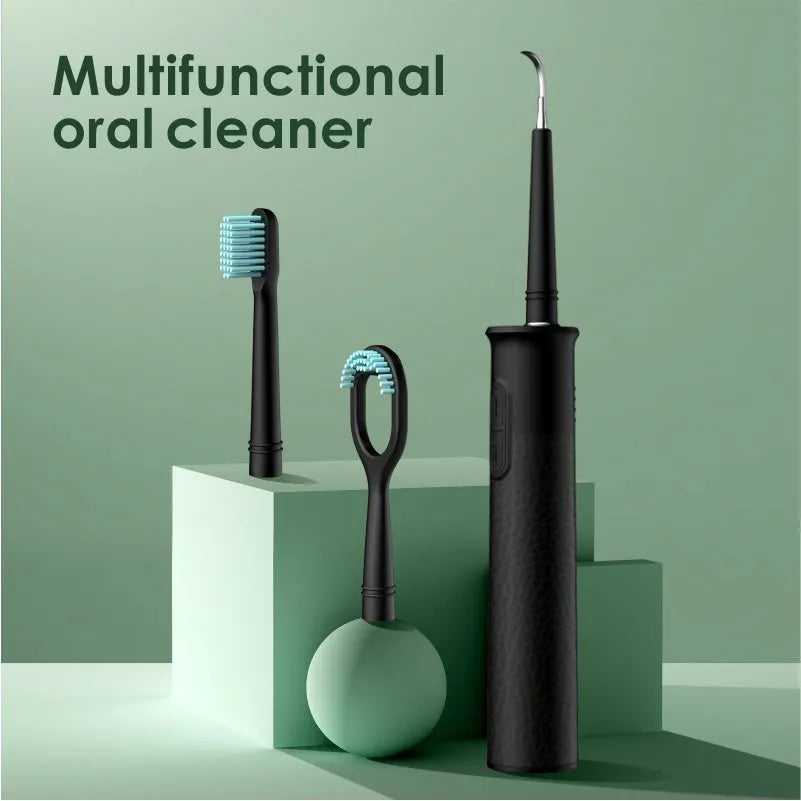 Black household dental scaler with three gear settings and USB charging cable