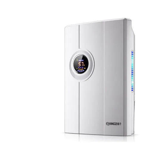 White compact household dehumidifier with a 2.2 litre water tank and electronic control panel.