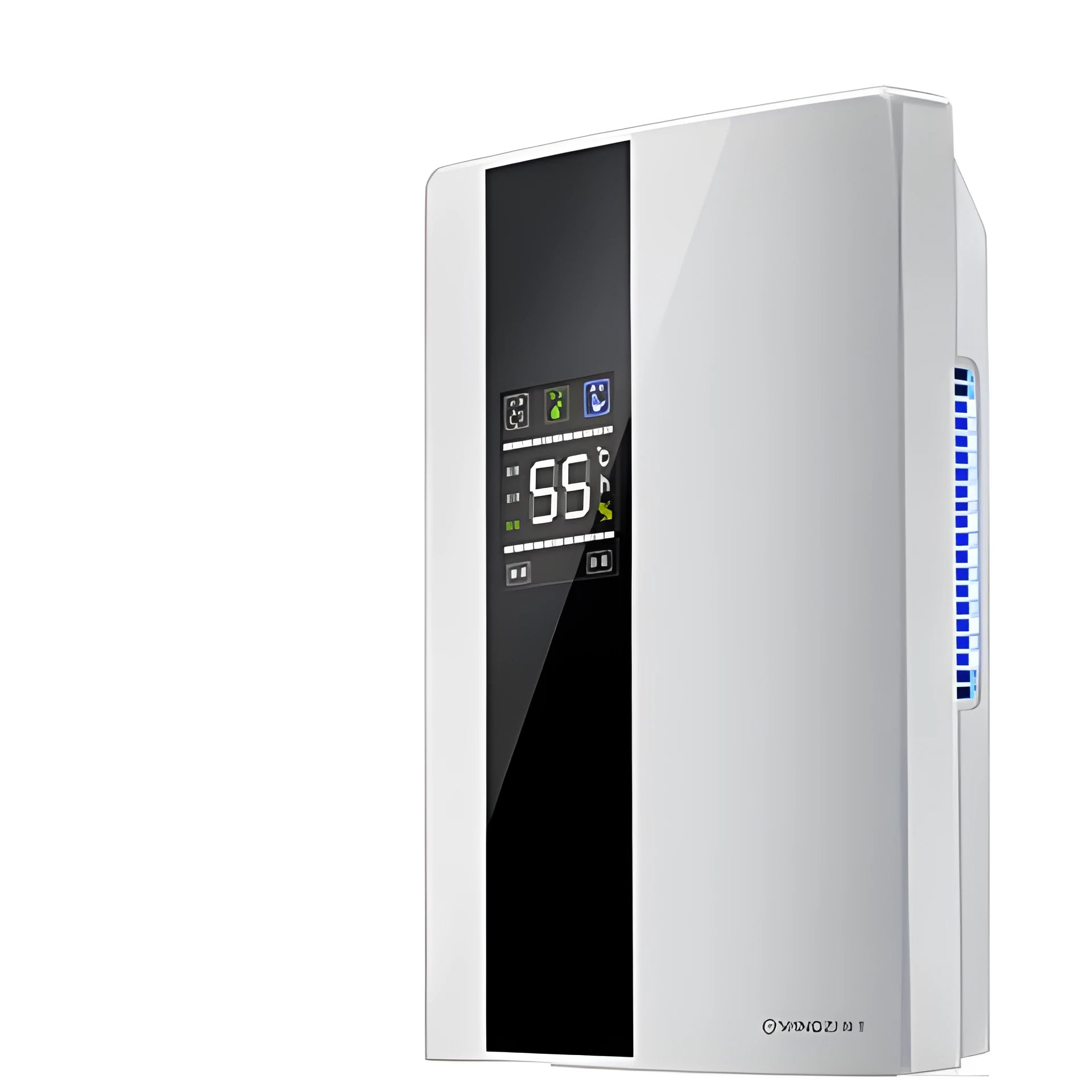 White compact household dehumidifier with a 2.2 litre water tank and electronic control panel.