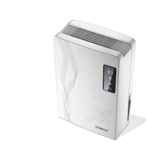 White compact household dehumidifier with a 2.2 litre water tank and electronic control panel.