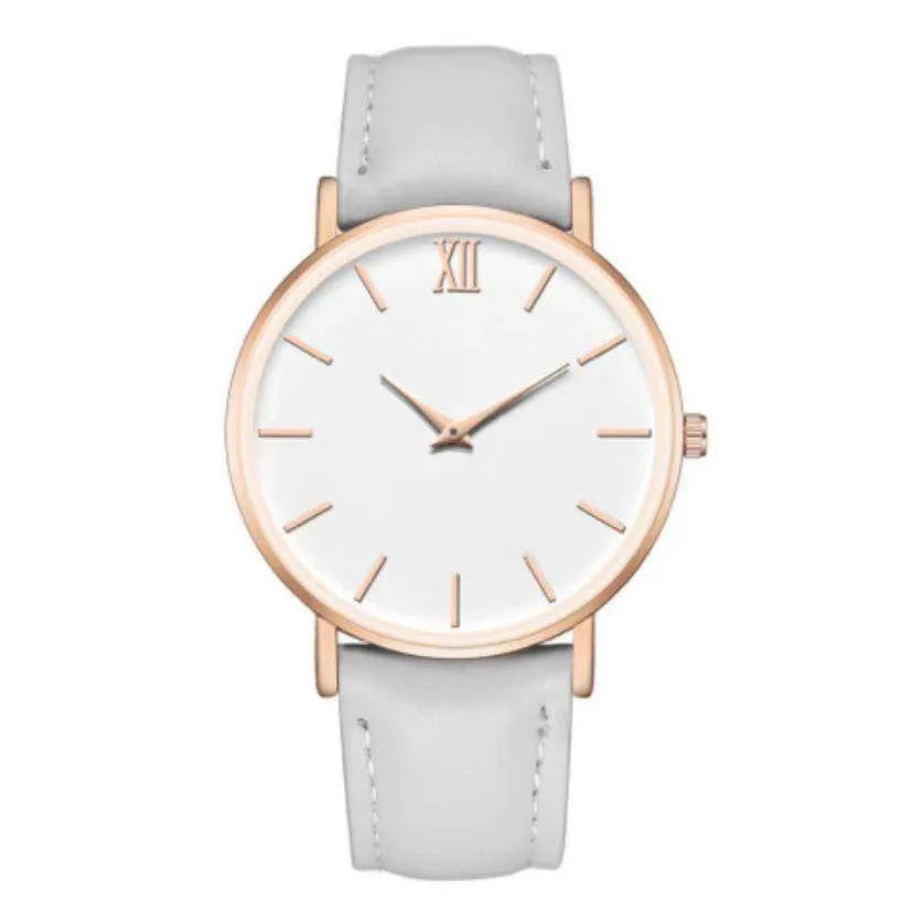 Ladies frosted belt quartz watch with 38mm round dial, alloy case, imitation leather strap, pin buckle, and five colour options