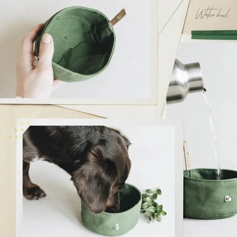 Folding canvas dog bowl, 15cm diameter and 7.5cm height, in green, grey or yellow, with portable pet ration bag