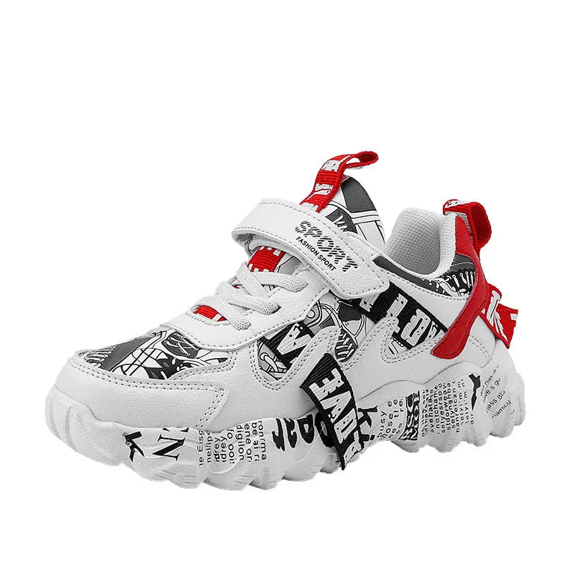 Boys' sports sneakers with Velcro straps in beige blue, white red, and bright red colour options.