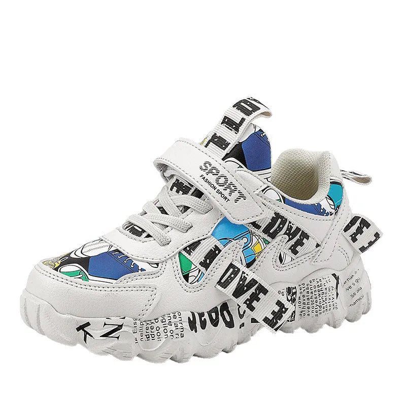 Boys' sports sneakers with Velcro straps in beige blue, white red, and bright red colour options.