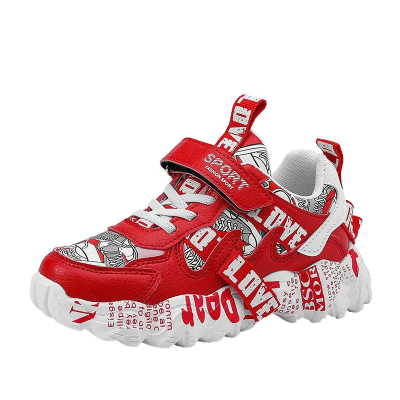 Boys' sports sneakers with Velcro straps in beige blue, white red, and bright red colour options.